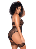 Body grande taille en résille léopard noir à tour de cou et jarretières intégrées - Mapalé