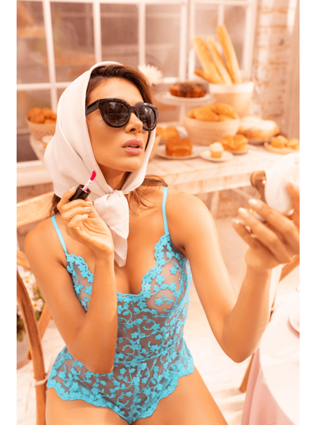 Combishort en dentelle transparente turquoise