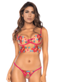 Ensemble 2 pièces brodé rose et bleu, bustier et string