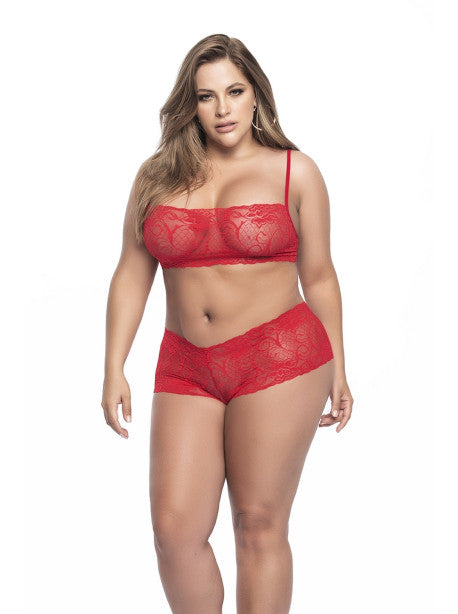 Ensemble lingerie, grande taille, rouge top bustier et shorty dentelle